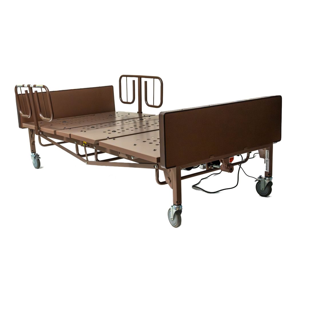 The ProBasics 42 Bariatric Full Electric Homecare Bed, featuring side rails, caster wheels, and an electric control box, is shown against a white background.